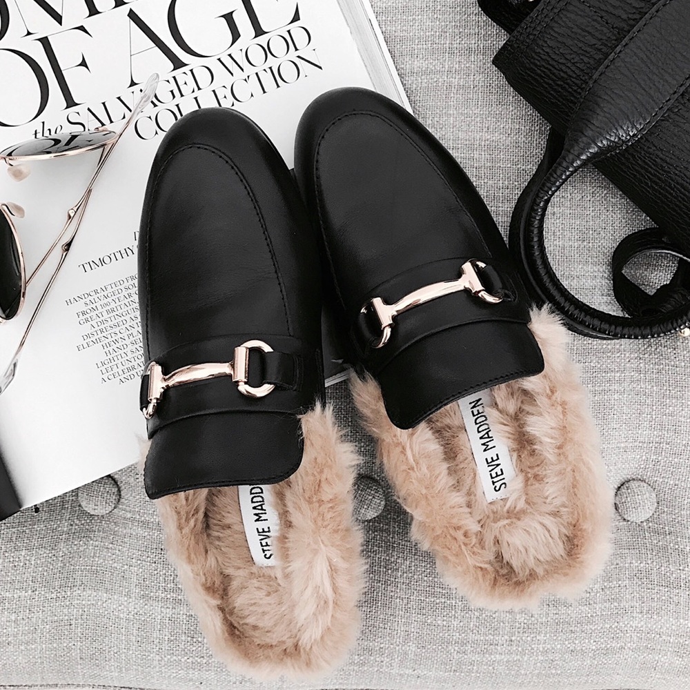 STEVE MADDEN FAUX FUR LOAFER SLIDES